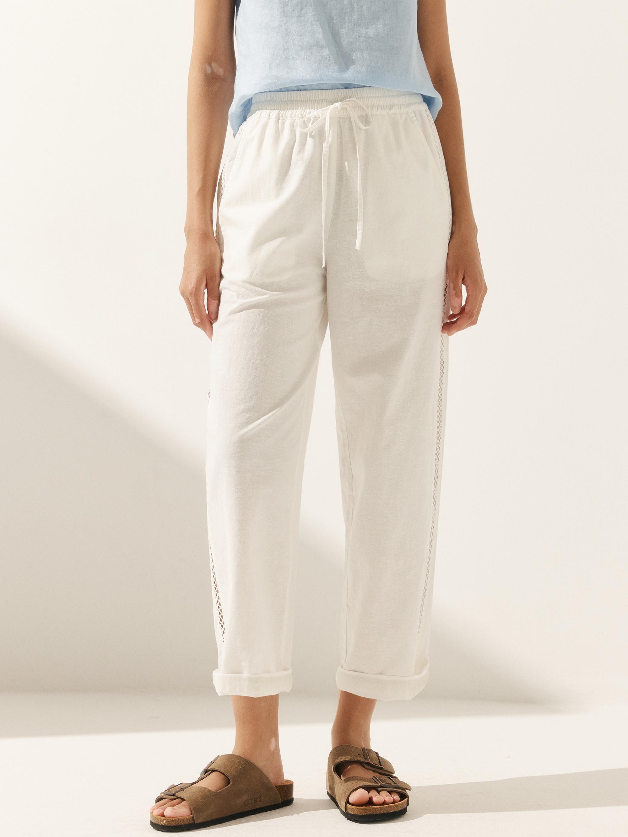 Linen Cropped Hollow Lace Stitching Ankle Length Pants - BOTTOMS-Linen