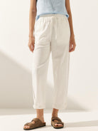 Linen Cropped Hollow Lace Stitching Ankle Length Pants - BOTTOMS-Linen