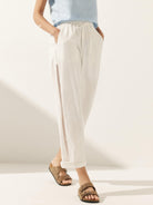 Linen Cropped Hollow Lace Stitching Ankle Length Pants - Optic White / S - BOTTOMS-Linen