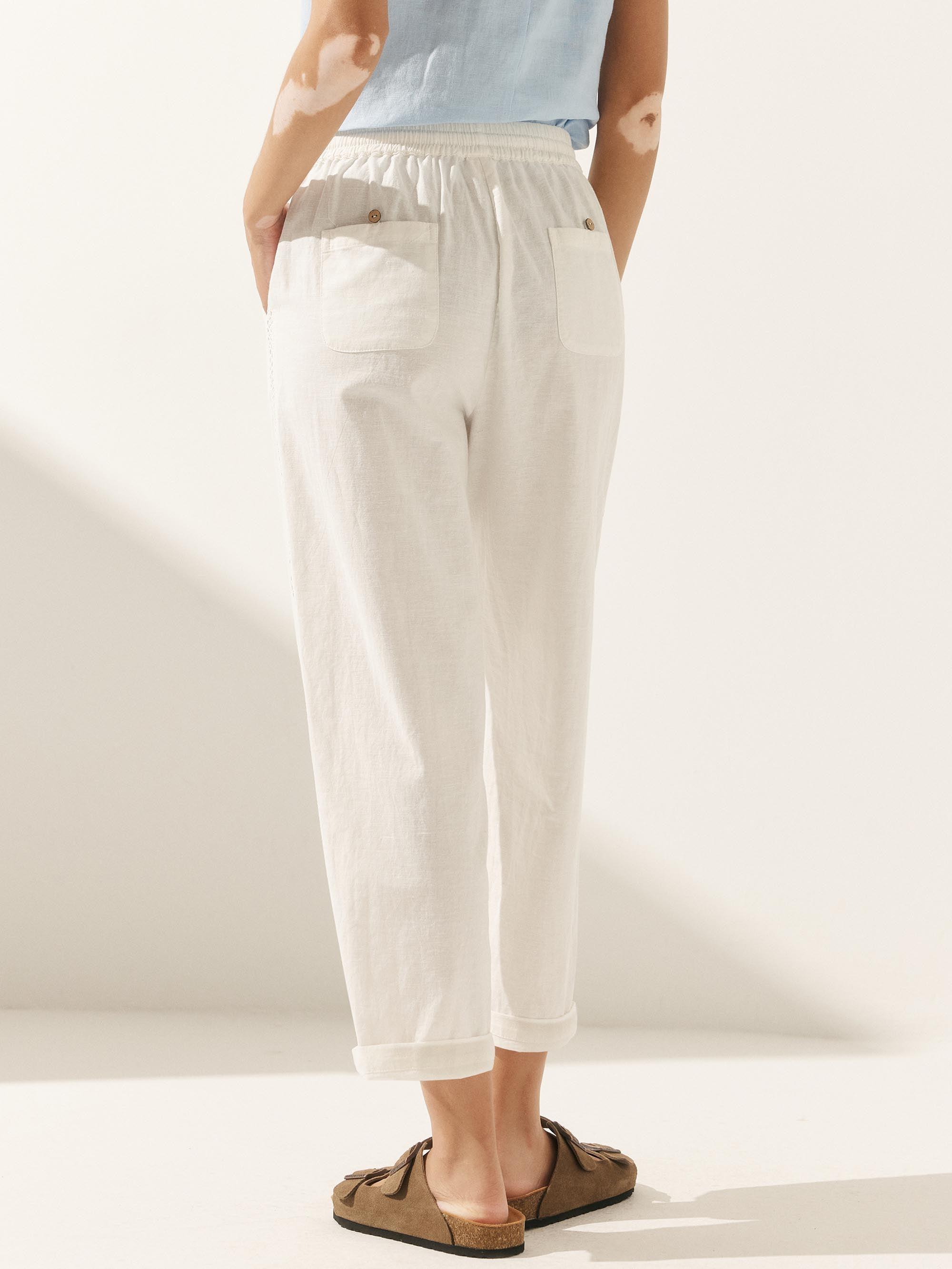 Linen Cropped Hollow Lace Stitching Ankle Length Pants - BOTTOMS-Linen
