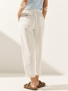 Linen Cropped Hollow Lace Stitching Ankle Length Pants - BOTTOMS-Linen