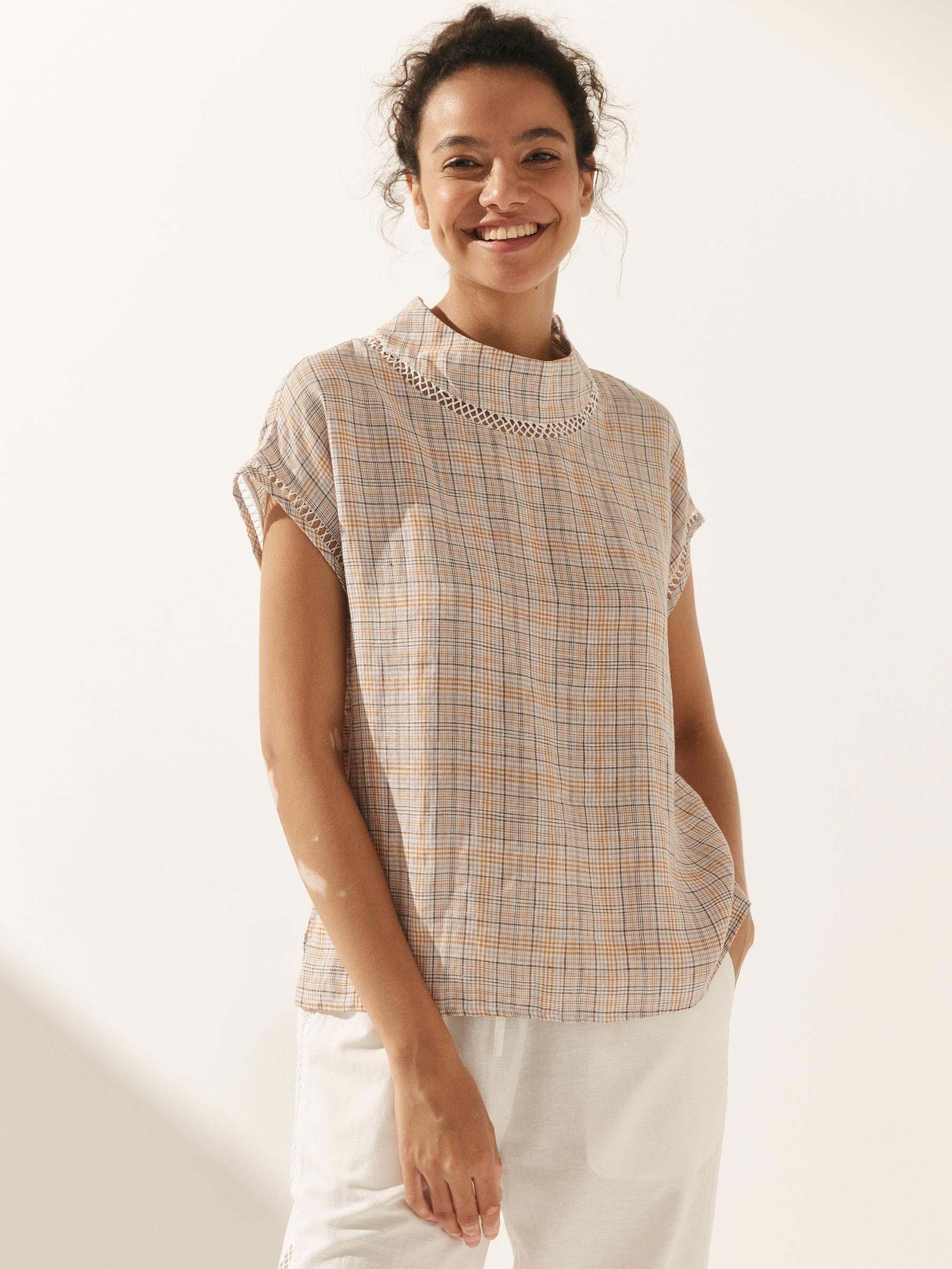 Linen Cutout Turtleneck Top - Amber Blush Plaid / XS - TOPS-Linen Blouses