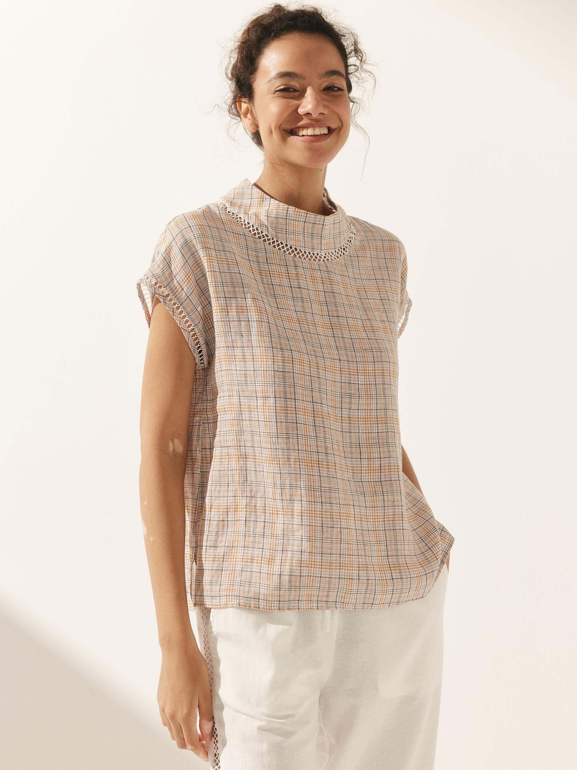 Linen Cutout Turtleneck Top - TOPS-Linen Blouses