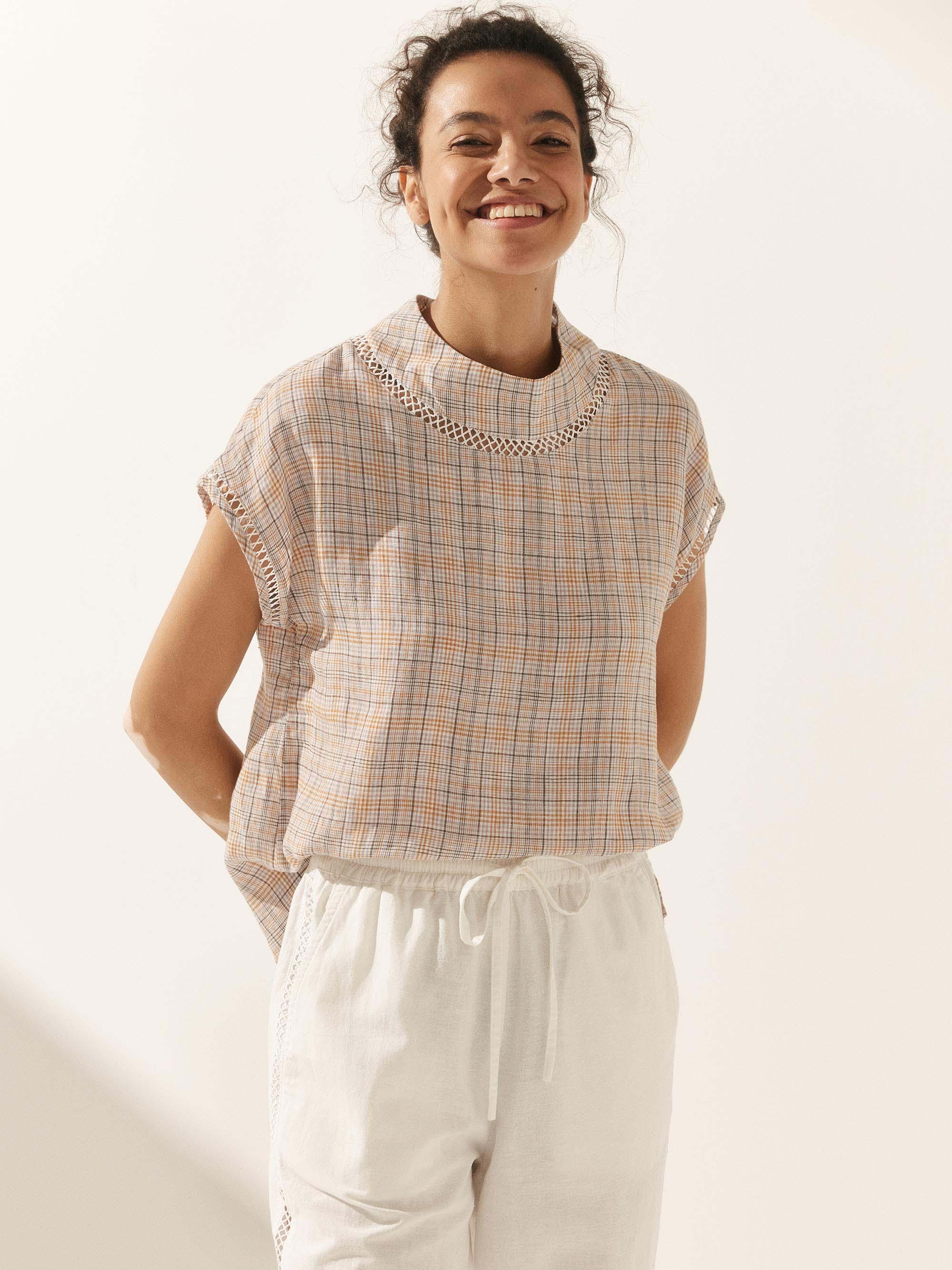 Linen Cutout Turtleneck Top - TOPS-Linen Blouses