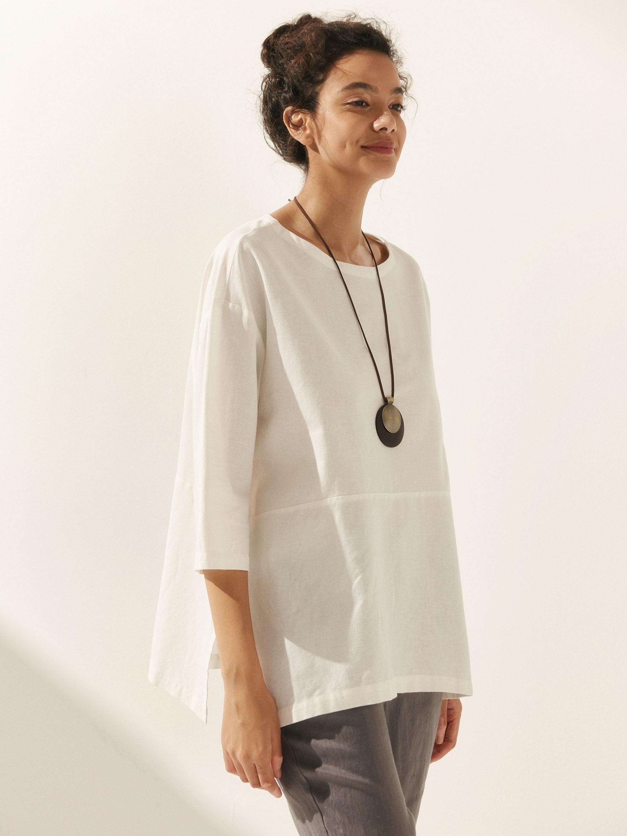 Linen White Boat Neck Oversized Top AVA - TOPS-Linen Blouses