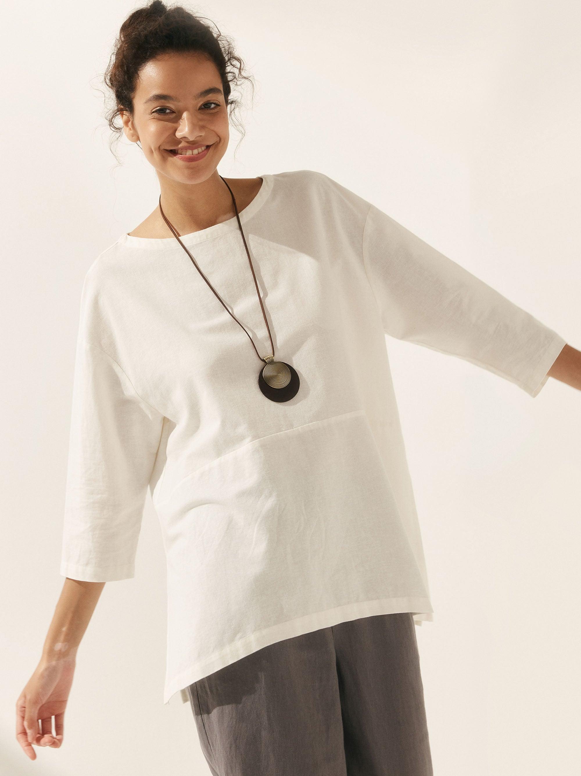Linen White Boat Neck Oversized Top AVA - TOPS-Linen Blouses