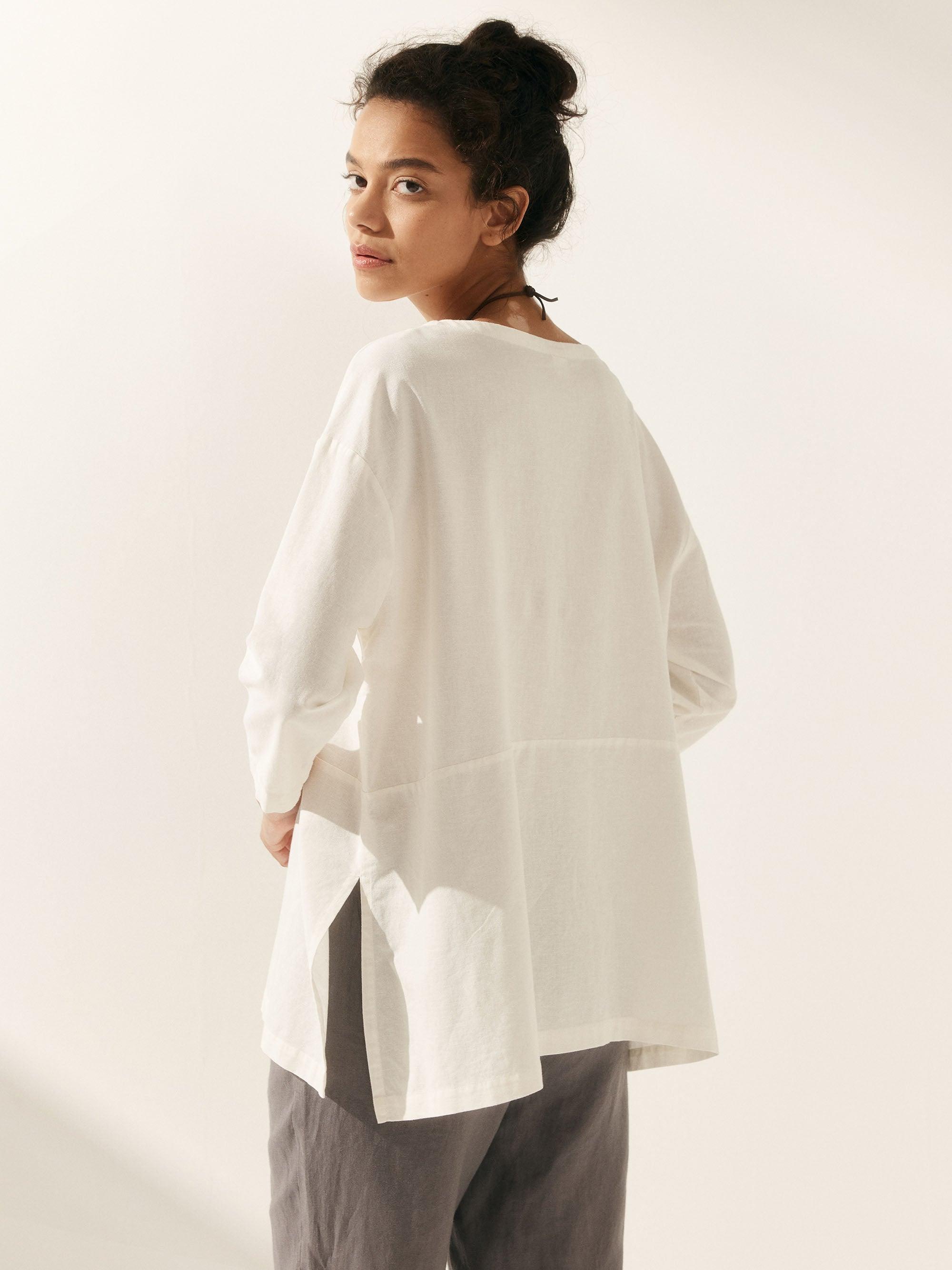 Linen White Boat Neck Oversized Top AVA - TOPS-Linen Blouses