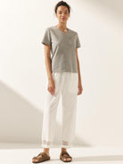Linen Hollow Lace Stitching Elastic Waist Ankle Length Pants - BOTTOMS-Linen