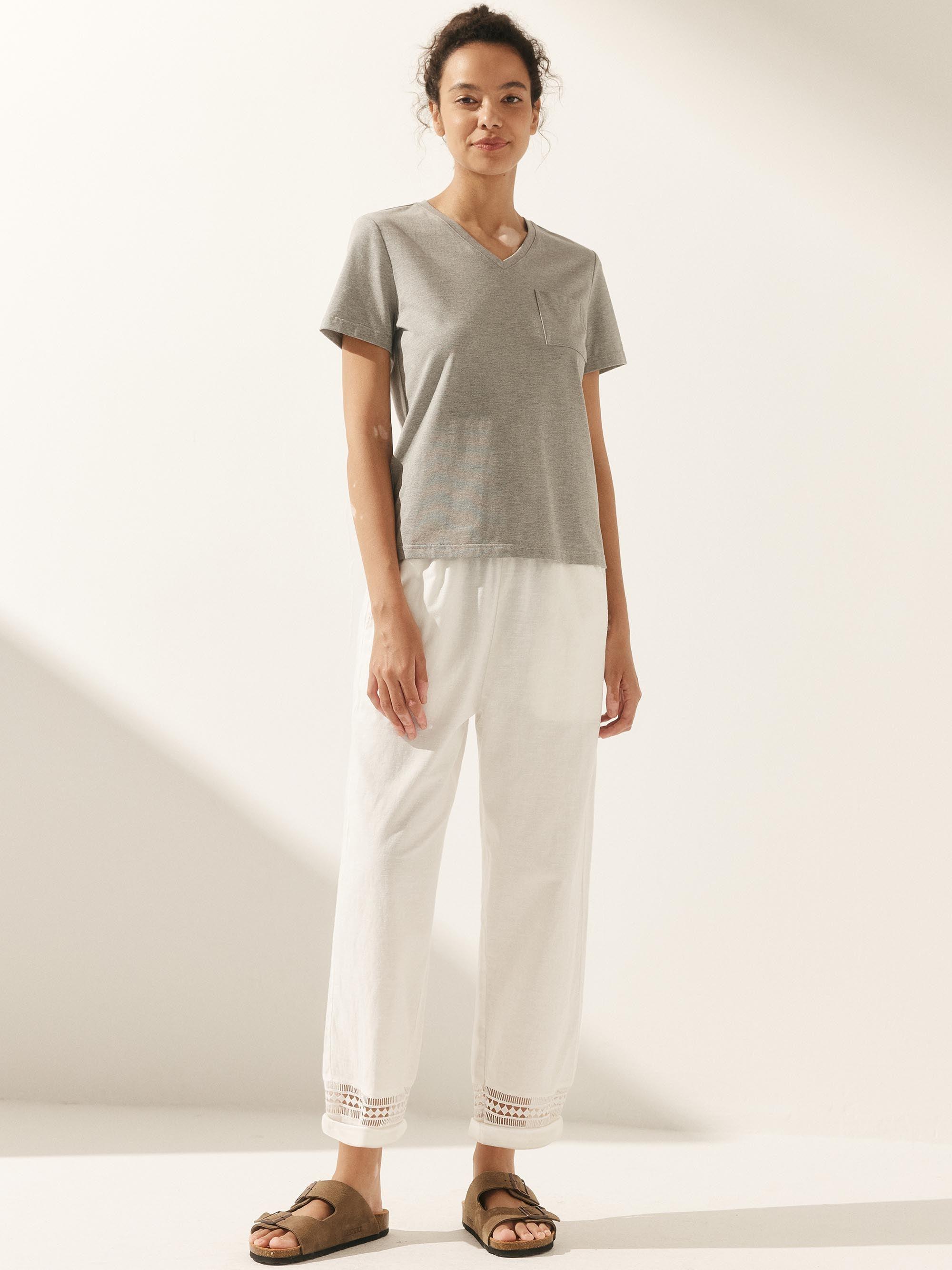Linen Hollow Lace Stitching Elastic Waist Ankle Length Pants - BOTTOMS-Linen