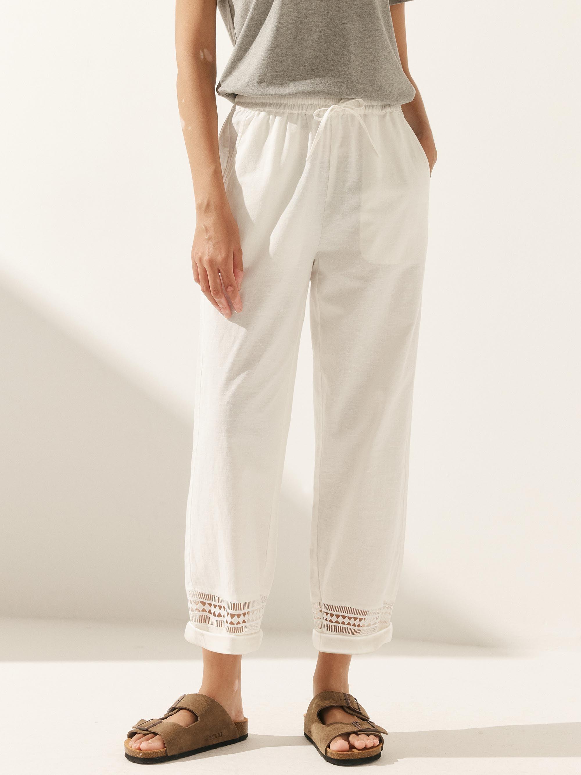 Linen Hollow Lace Stitching Elastic Waist Ankle Length Pants - Optic White / S - BOTTOMS-Linen