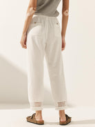 Linen Hollow Lace Stitching Elastic Waist Ankle Length Pants - BOTTOMS-Linen