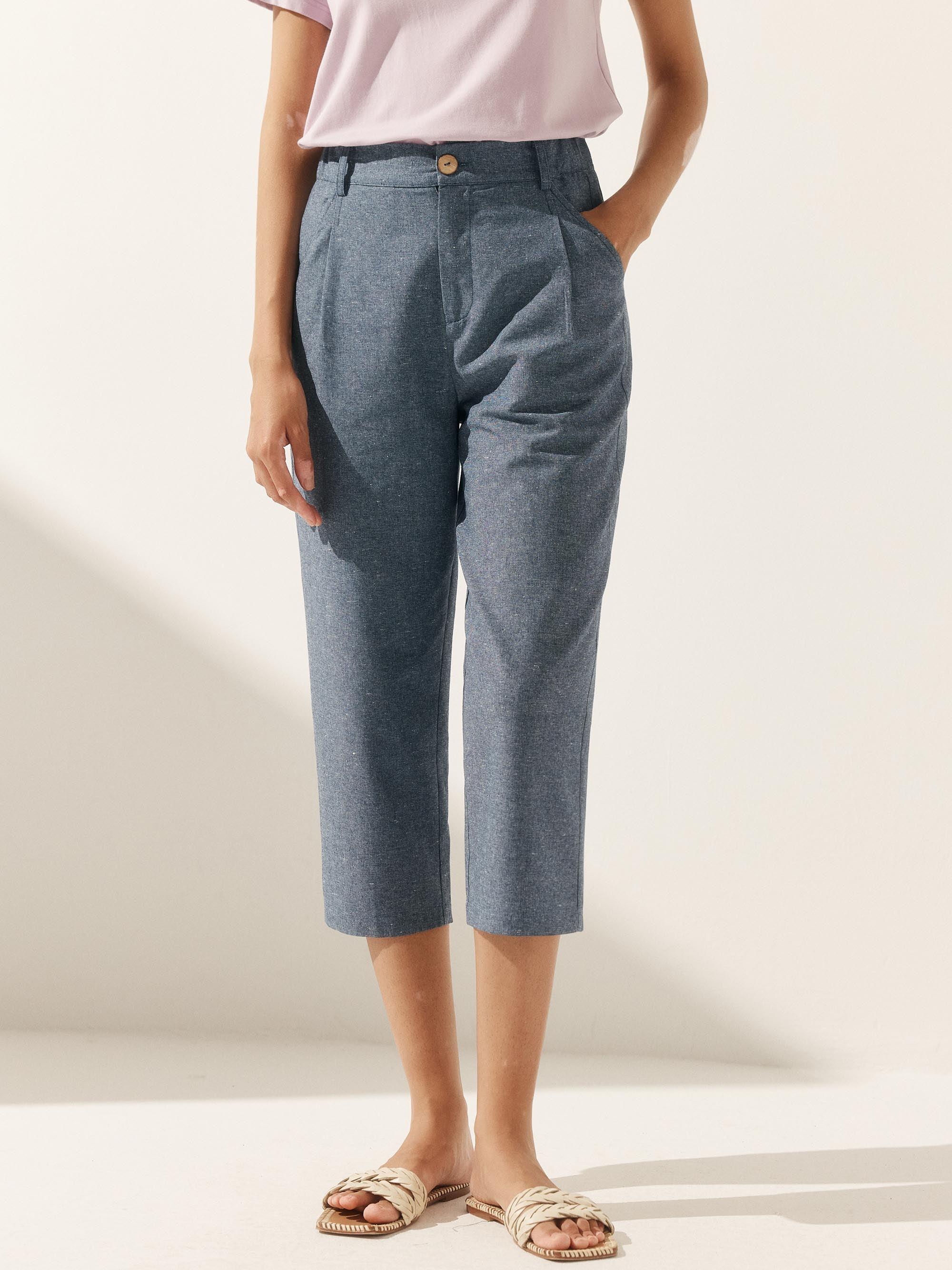 Linen Easy Elastic Waist Pants - Dusty Blue / S - BOTTOMS-Linen