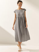 100% Linen Cap Sleeve Washed Maxi Dress JOAN - DRESSES-Linen