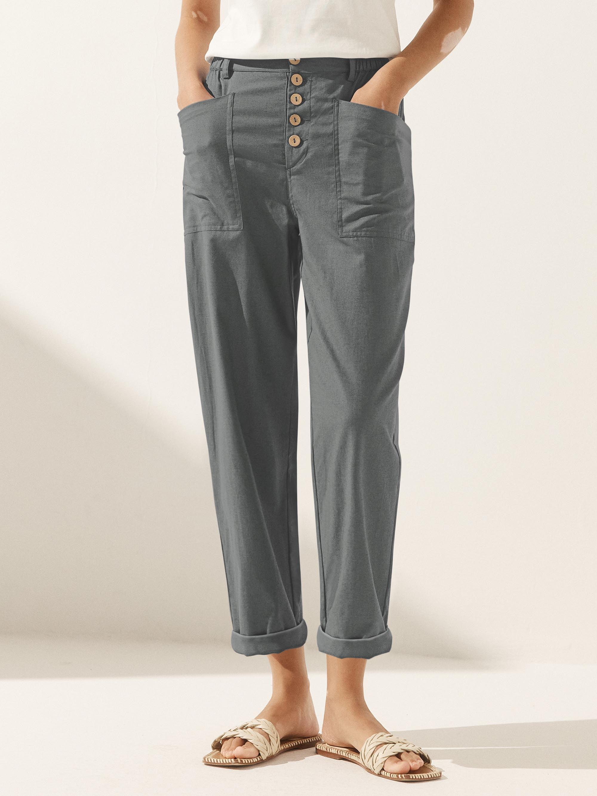 Linen Simple Button Fly Trousers HEIDI - Neutral Grey / XS - BOTTOMS-Linen Pants