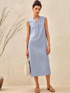 100% Linen Sleeveless Straight High Slit Maxi Dress TAYLOR - Light Blue / S - DRESSES-Linen Midi