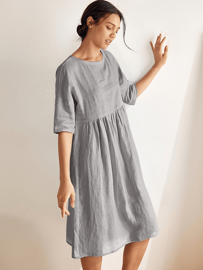 100% Linen A-Line Midi Dress VALENCIA - DRESSES-Linen