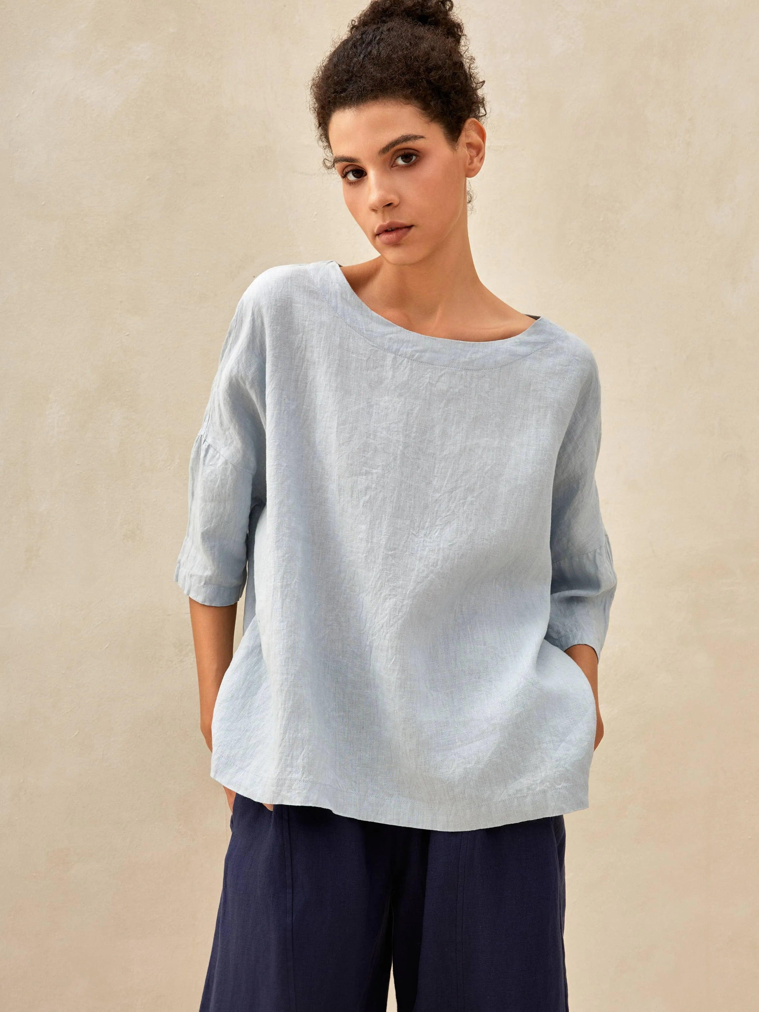 AURORA 100% Linen Boatneck 3/4 Length Sleeve Top - Ice Blue / S - TOPS-Linen Blouses