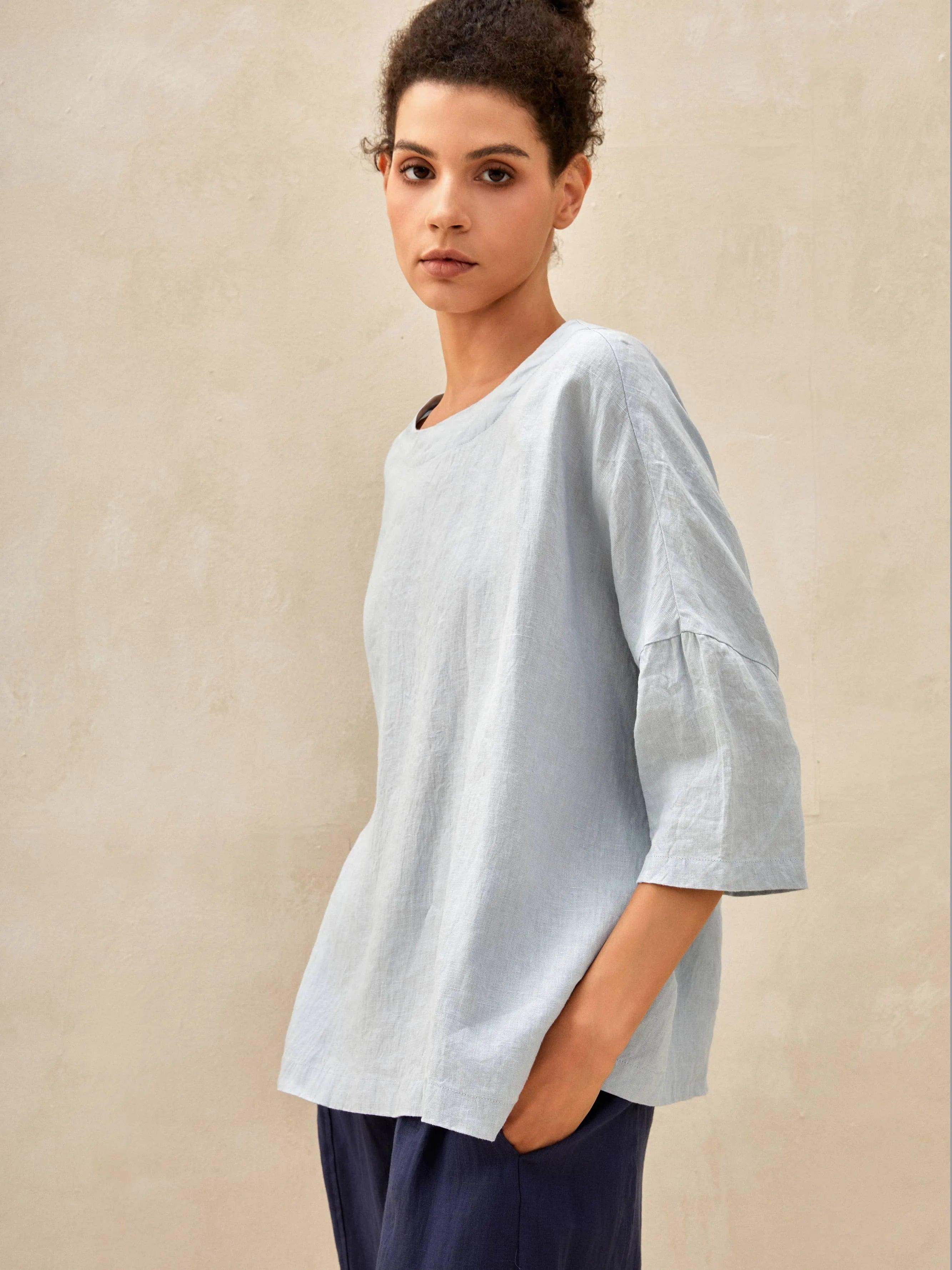 AURORA 100% Linen Boatneck 3/4 Length Sleeve Top - TOPS-Linen Blouses
