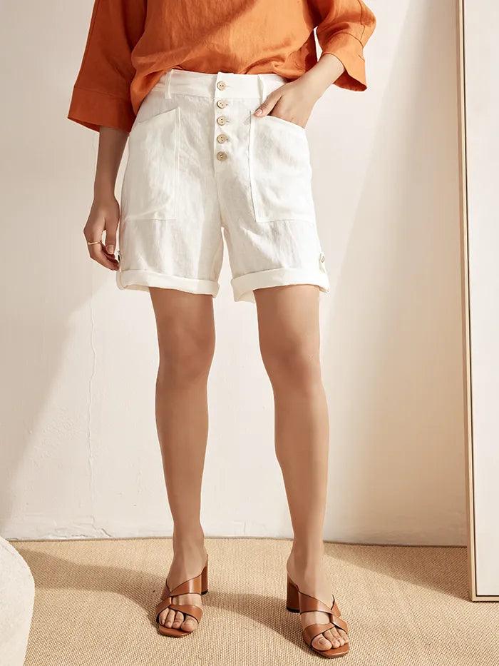 Linen Button-Fly Quarter Shorts LUCY - BOTTOMS-Linen