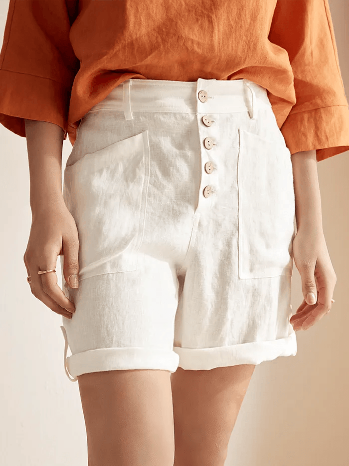 Linen Button-Fly Quarter Shorts LUCY - BOTTOMS-Linen