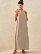 100% Linen Camisole Dress QEARL - DRESSES-Linen Maxi