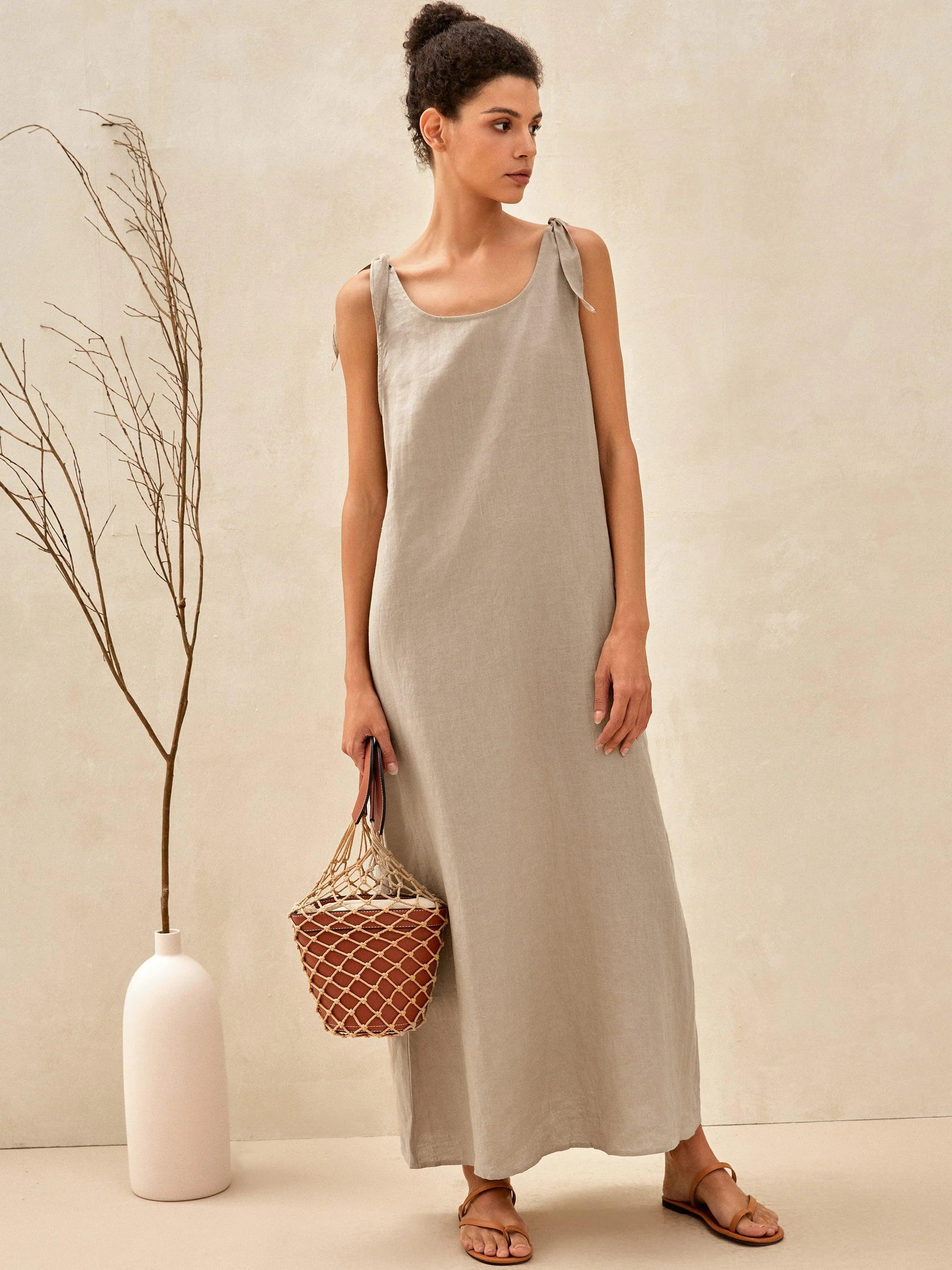 100% Linen Camisole Dress QEARL - DRESSES-Linen Maxi
