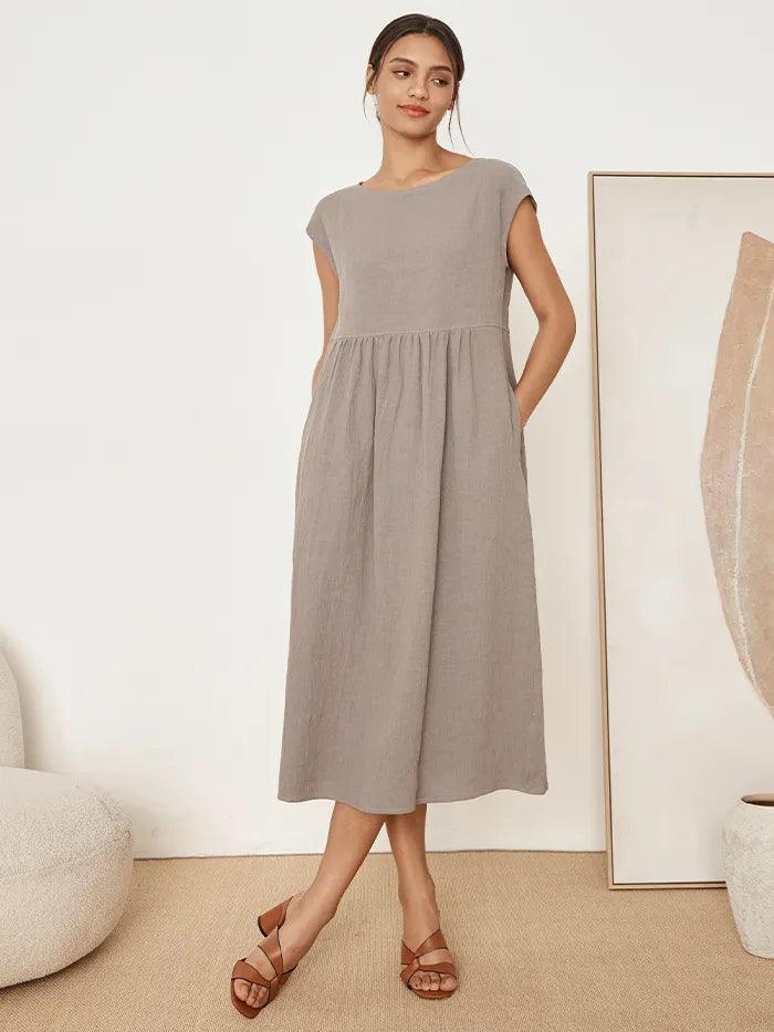 JOAN 100% Linen Cap Sleeve Washed Maxi Dress - DRESSES-Linen