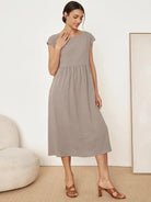 JOAN 100% Linen Cap Sleeve Washed Maxi Dress - DRESSES-Linen