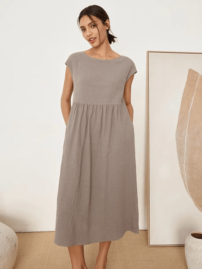 JOAN 100% Linen Cap Sleeve Washed Maxi Dress - Cloud Grey / XS - DRESSES-Linen