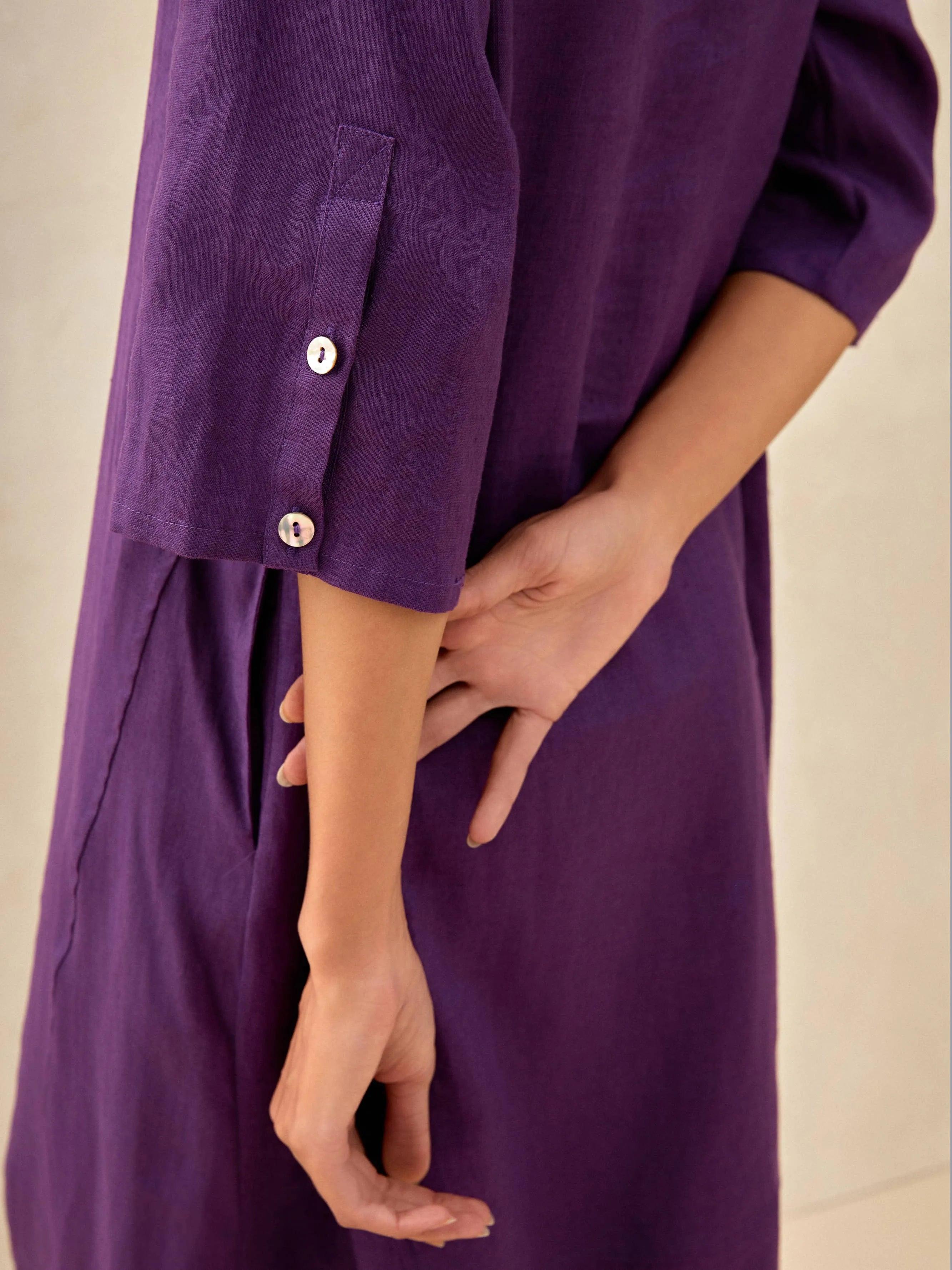 100% Linen Collarless Mid-Length Dress SOFIA - DRESSES-Linen Midi