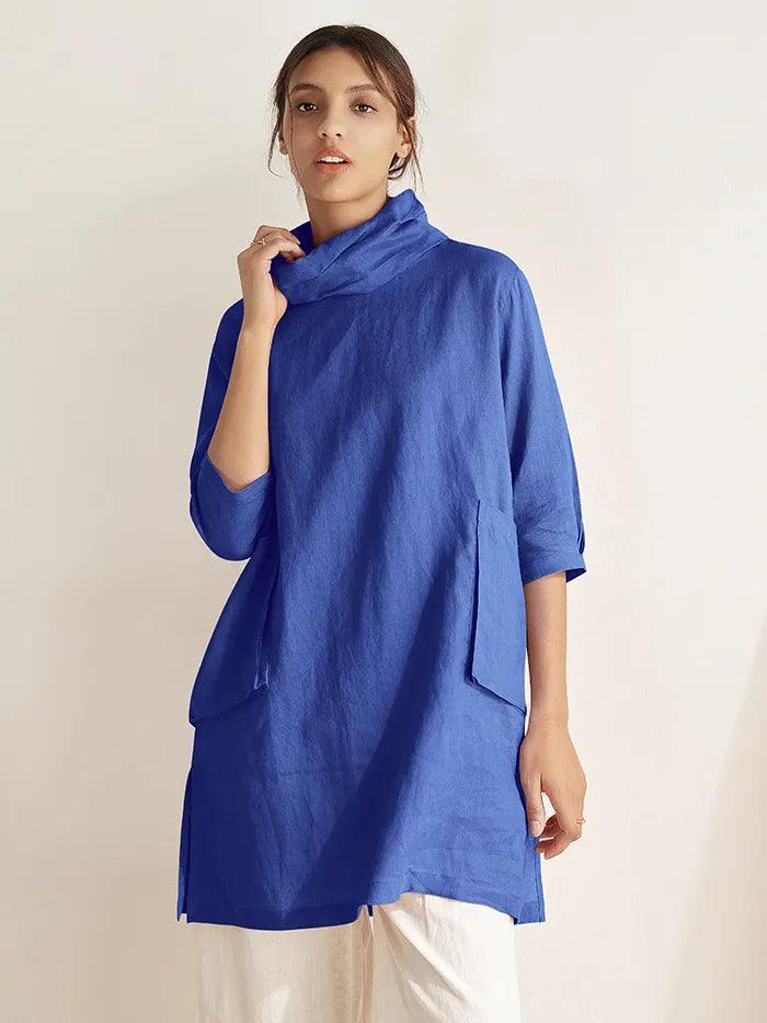 100% Linen Cowl Neck Oversized Tunic ELEANOR - Royal blue / S - TOPS-Linen Tunics