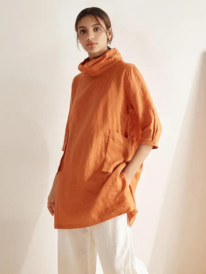 100% Linen Cowl Neck Oversized Tunic ELEANOR - TOPS-Linen Tunics