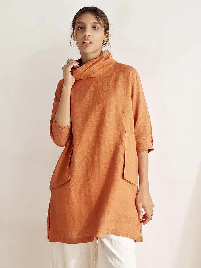 100% Linen Cowl Neck Oversized Tunic ELEANOR - Sun Orange / S - TOPS-Linen Tunics