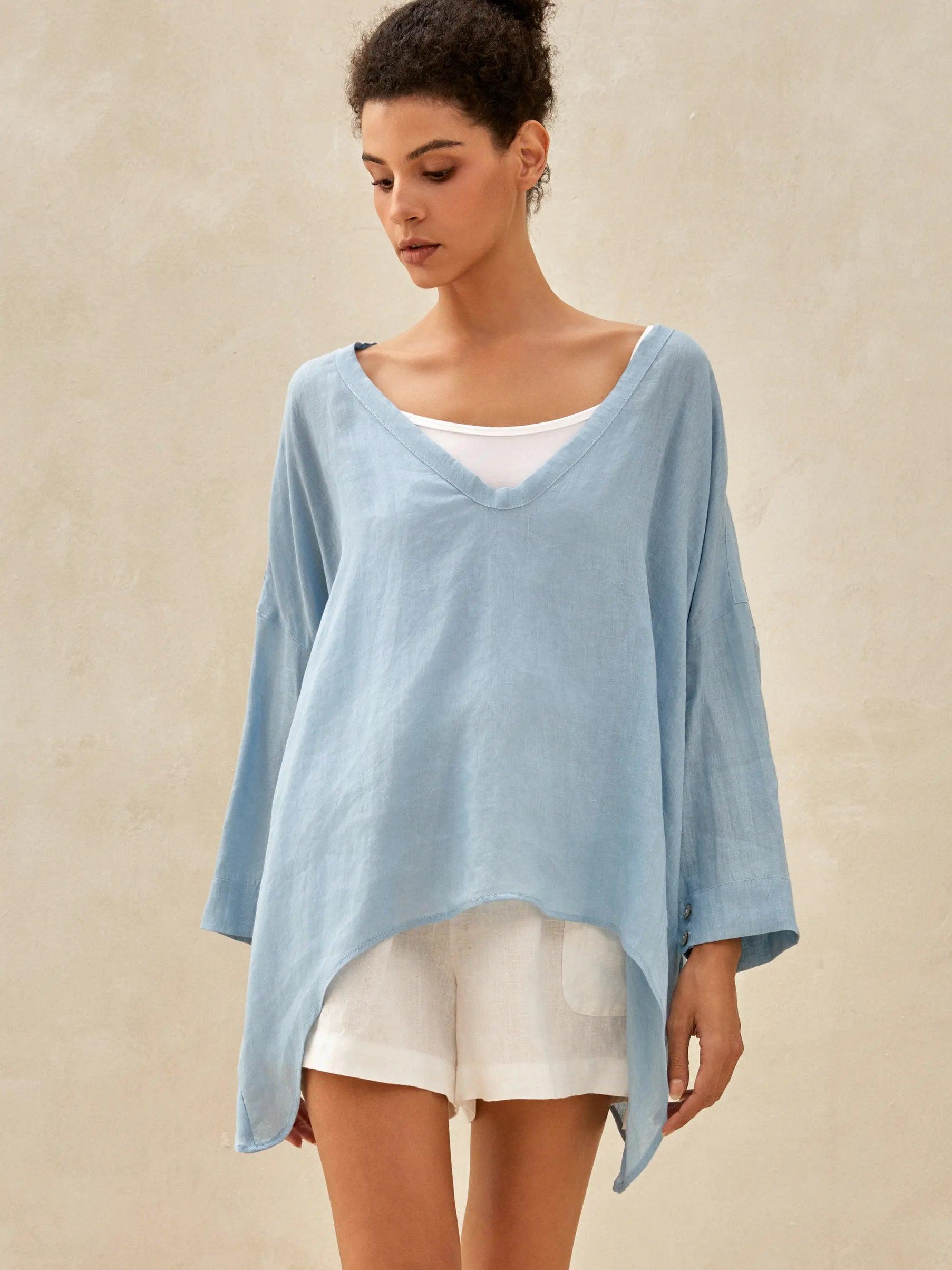 100% Linen Delicate Deep V-Neck Over Top KAIA - Ice Blue / S - TOPS-Linen Tunics