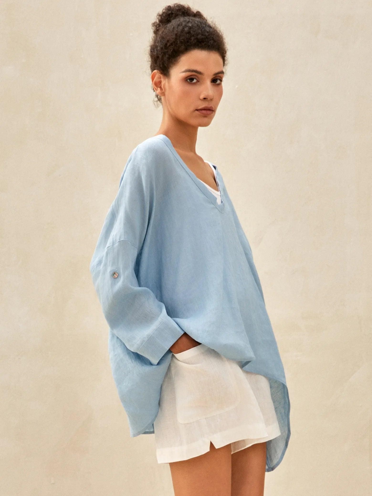 100% Linen Delicate Deep V-Neck Over Top KAIA - TOPS-Linen Tunics