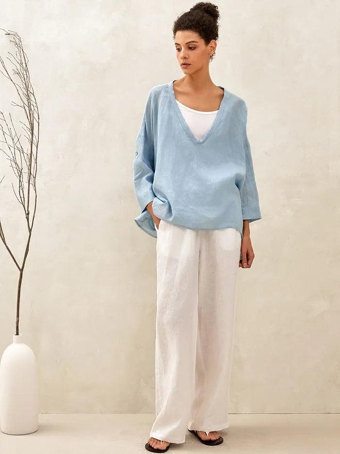 100% Linen Delicate Deep V-Neck Over Top KAIA - TOPS-Linen Tunics