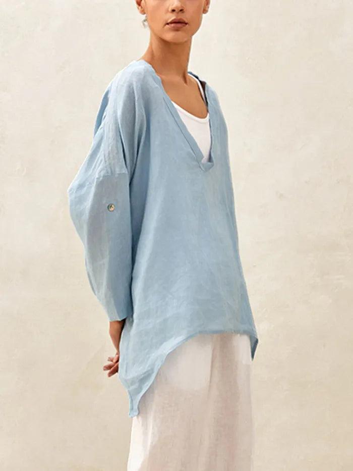 100% Linen Delicate Deep V-Neck Over Top KAIA - TOPS-Linen Tunics