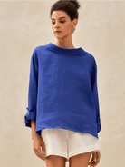 100% Linen Draped Neck Top HOLLIS - TOPS-Linen Blouses