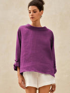 100% Linen Draped Neck Top HOLLIS - Violet Velvet / S - TOPS-Linen Blouses