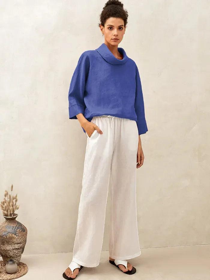 100% Linen Dropped Collar Long-Sleeve Top TRISTAN - Royal Blue / S - TOPS-Linen Blouses