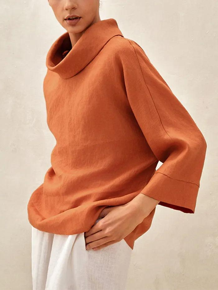 100% Linen Dropped Collar Long-Sleeve Top TRISTAN - TOPS-Linen Blouses