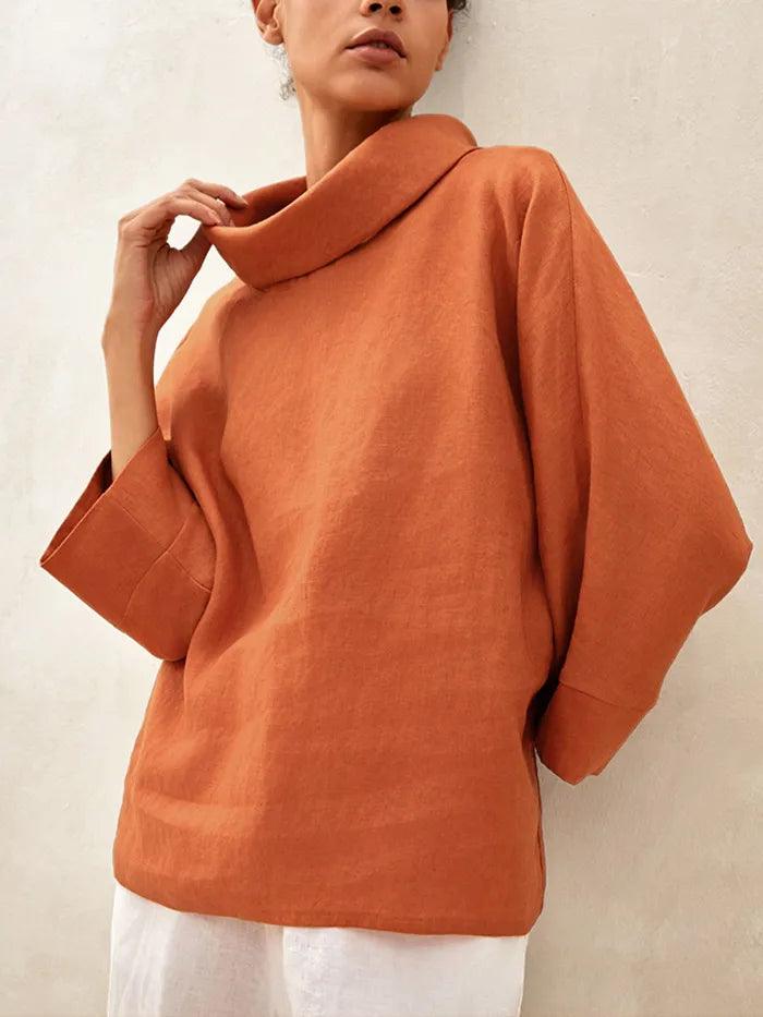 100% Linen Dropped Collar Long-Sleeve Top TRISTAN - TOPS-Linen Blouses