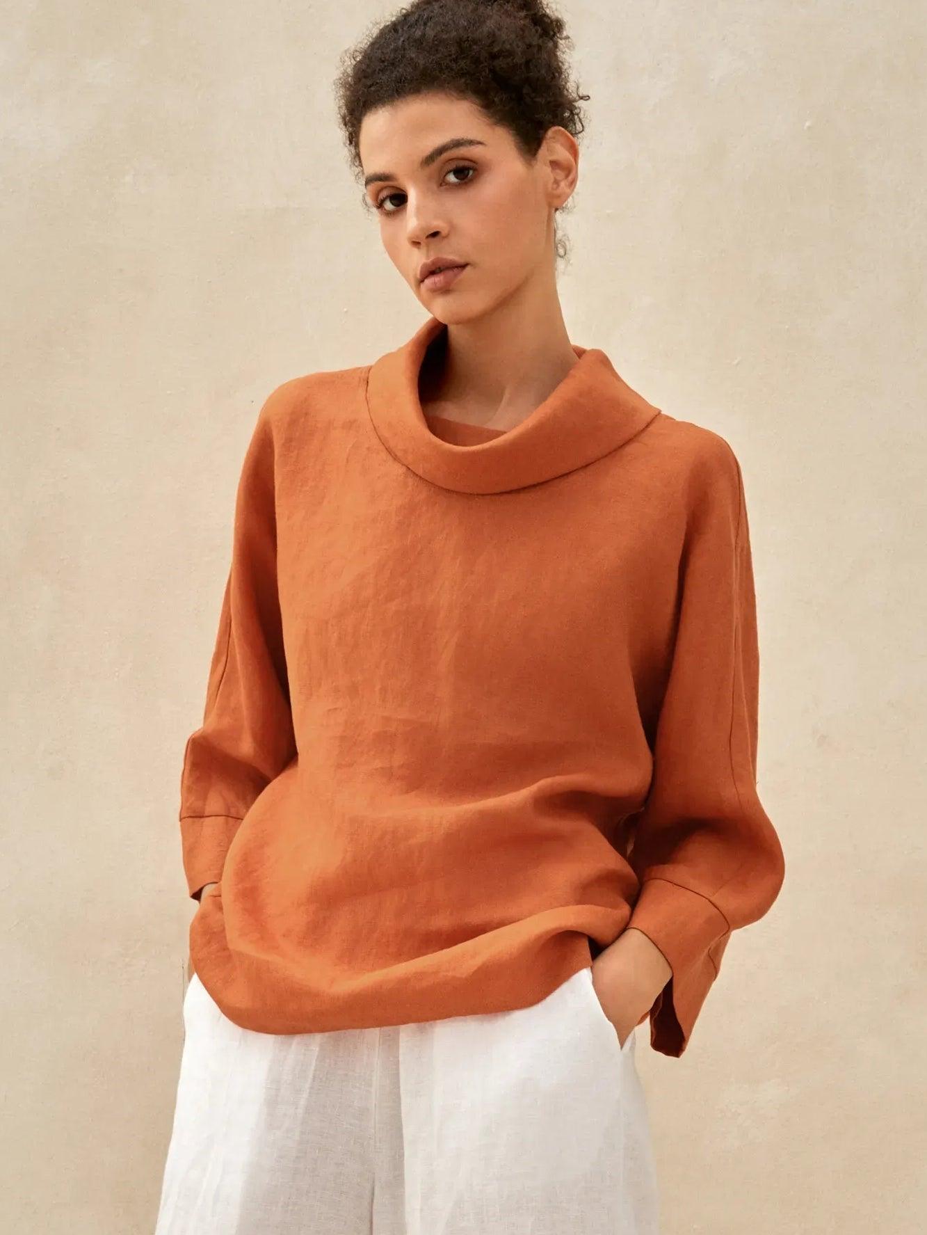 100% Linen Dropped Collar Long-Sleeve Top TRISTAN - Sun Orange / S - TOPS-Linen Blouses