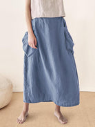 100% Linen Elastic Waist Skirt MARINA - Dusty Blue / S - BOTTOMS-Linen Skirts