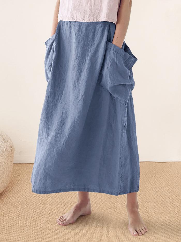 Linen Checked Elastic Waist Skirt - bottoms