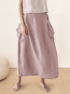 Linen Checked Elastic Waist Skirt - bottoms