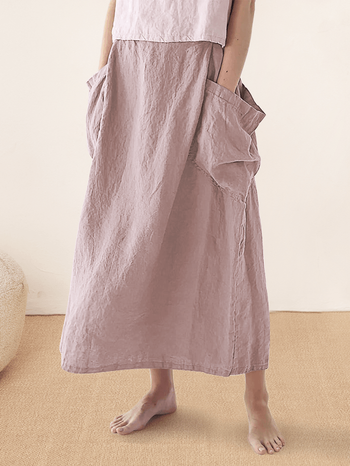 Linen Checked Elastic Waist Skirt - Pastel Pink / S - bottoms