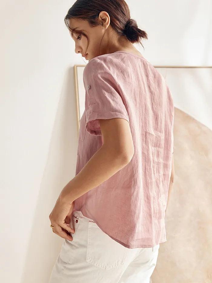 100% Linen Gathered-Neck Shirt - TOPS-Linen Blouses