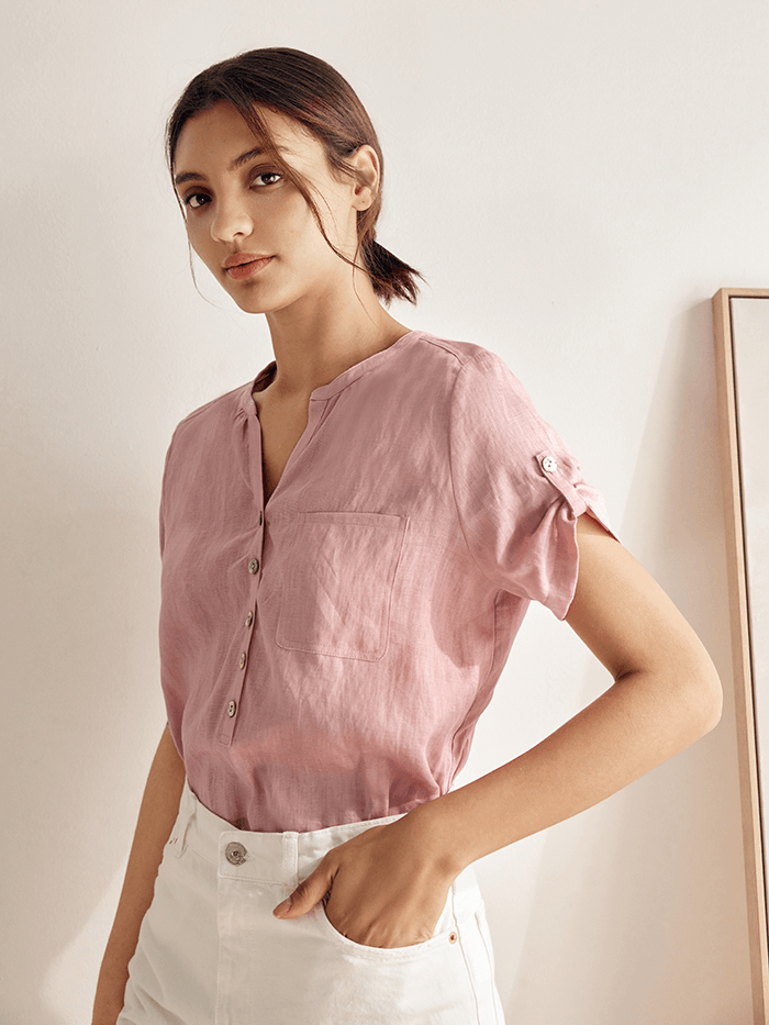 100% Linen Gathered-Neck Shirt - TOPS-Linen Blouses