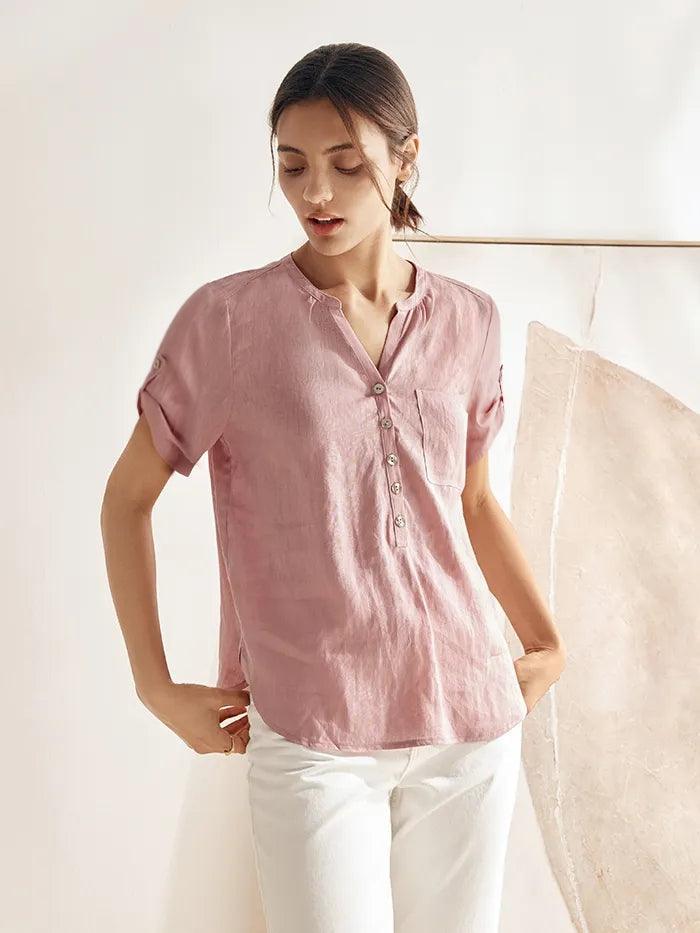 100% Linen Gathered-Neck Shirt - TOPS-Linen Blouses